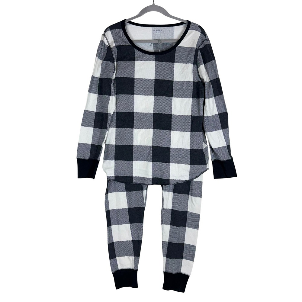 Old Navy Pajama Set Mens XL‎ Gray Plaid Thermal Knit 2 Piece Long Sleeve
